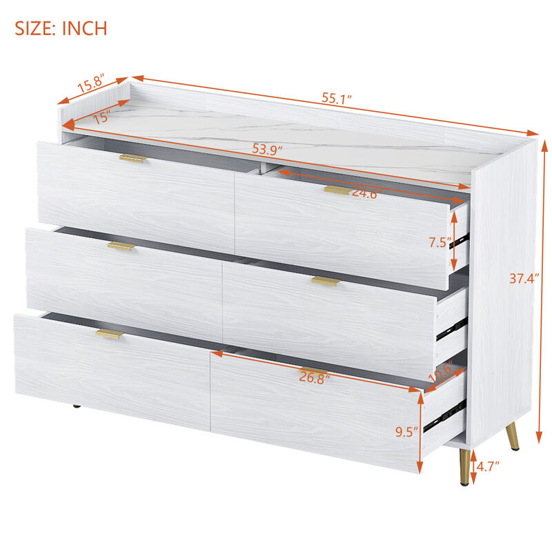 6-drawer marble top dresser, modern white cabinet