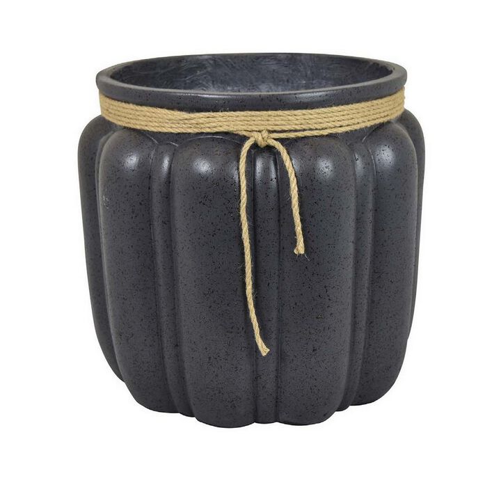 Rave 17 Inch Planter, Pumpkin Like Shape and Rope Details, Black Resin - Benzara