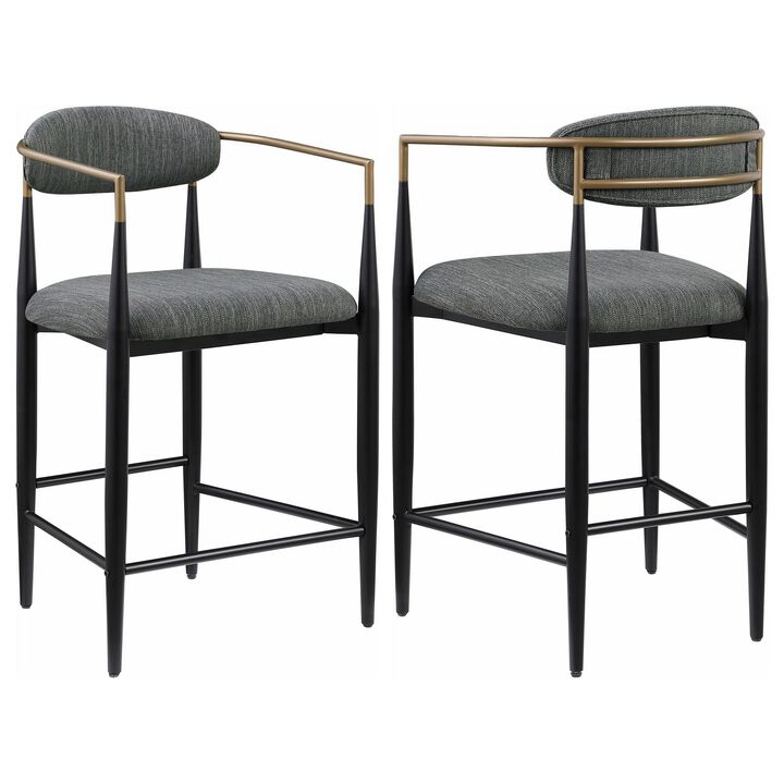 Tiara Counter Chair Set of 2, Gray Fabric, Gold, Black Metal 25 Inch - Benzara