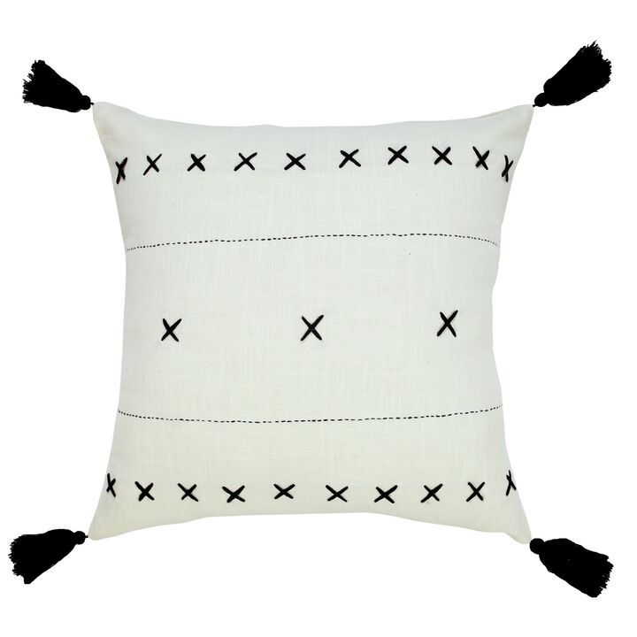 20" Black and White Geometric Embroidered Square Throw Pillow