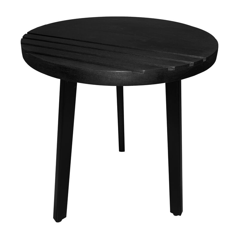 18 Inch Round Mango Wood Side End Table, Grooved Design, Metal Legs, Black-Benzara