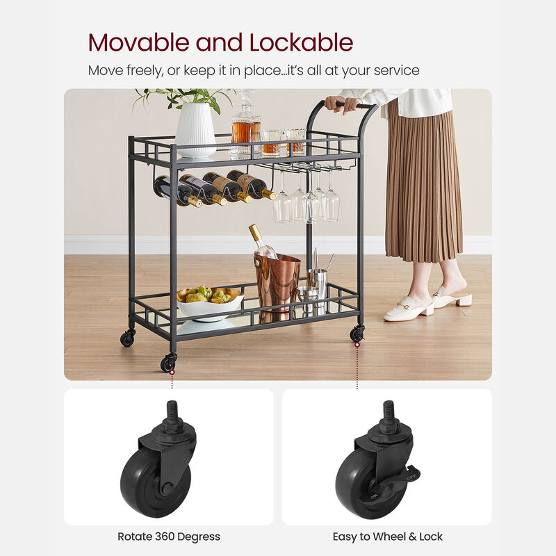 Home Bar Serving Cart with Dual Mirrored Shelves – Elegant Gold Design