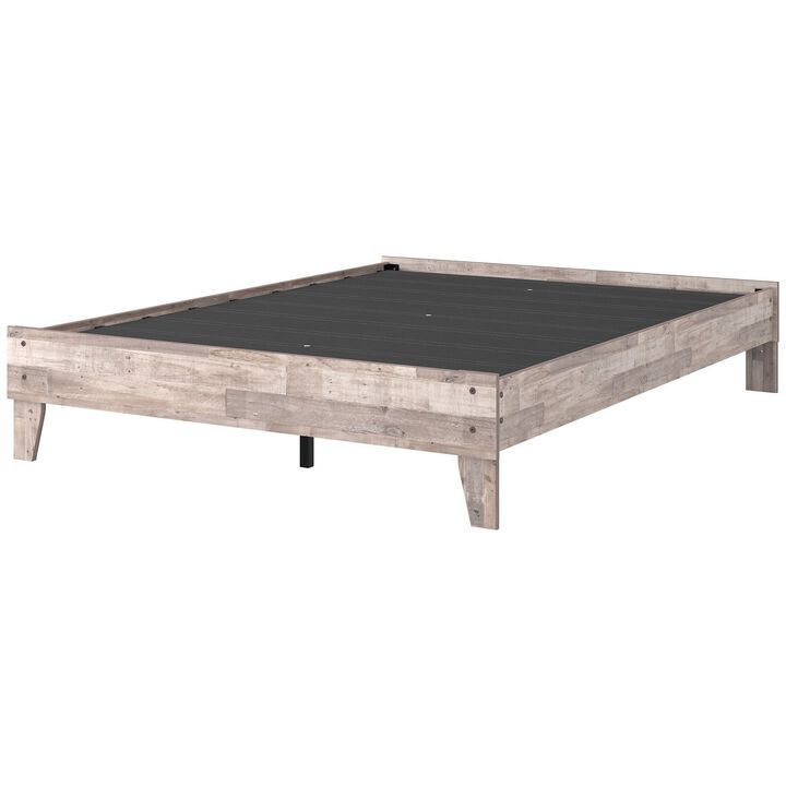 Queen Platform Bed with Butcher Block Design, Washed White-Benzara
