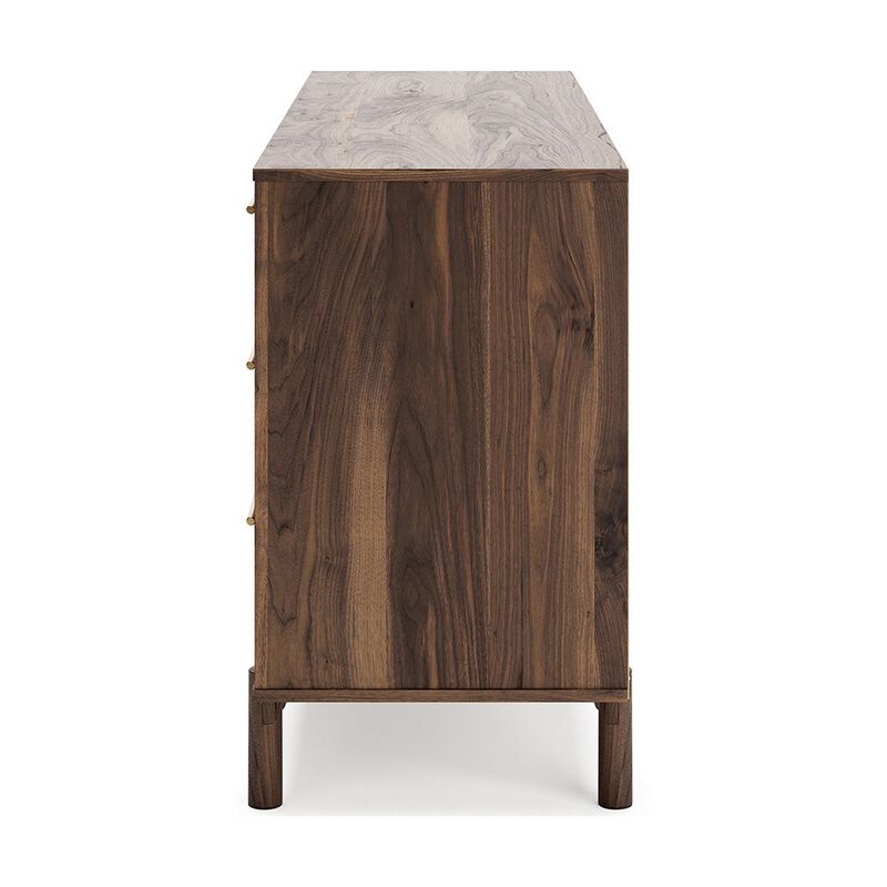Kip 59 Inch Modern Dresser, Brown Wood Frame, 6 Drawers, Gold Metal Handles - Benzara