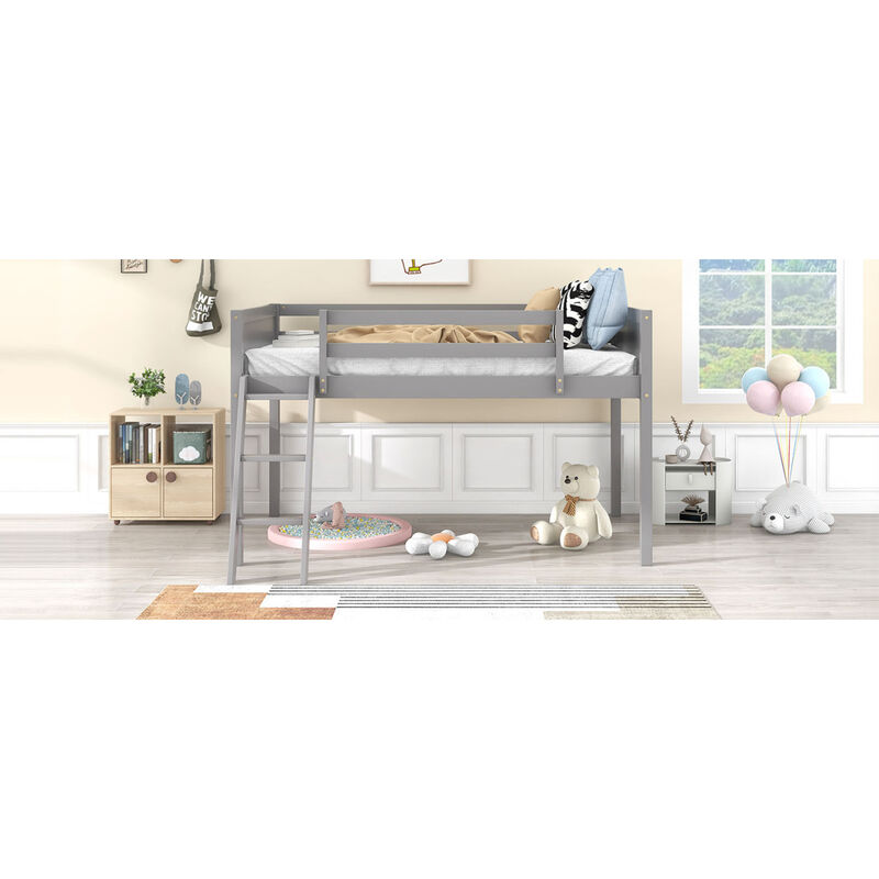 Twin Size Wood Low Loft Bed With Ladder, Ladder Can Be Placed On The Left Or Right