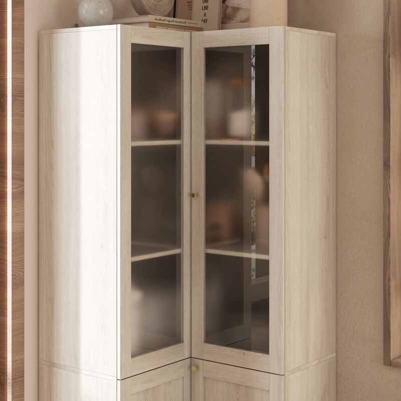 FUFU&GAGA Modern Wood Grain Food Pantry Cabinet with Adjustable Shelves and Glass Doors (31.5" W x 70.9" H x 31.5" D), Elegant Brass Pull Handles