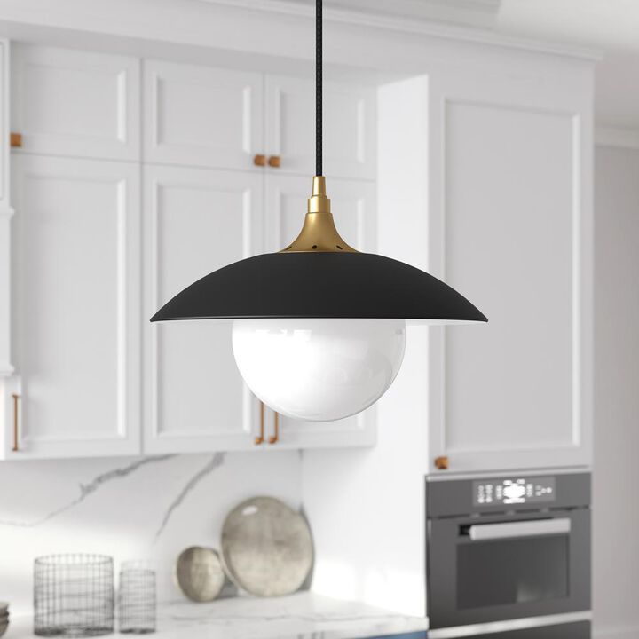 Hudson&Canal Alvia 14.5 Wide Pendant with Metal/Glass Shade in Matte Black/Brass/White