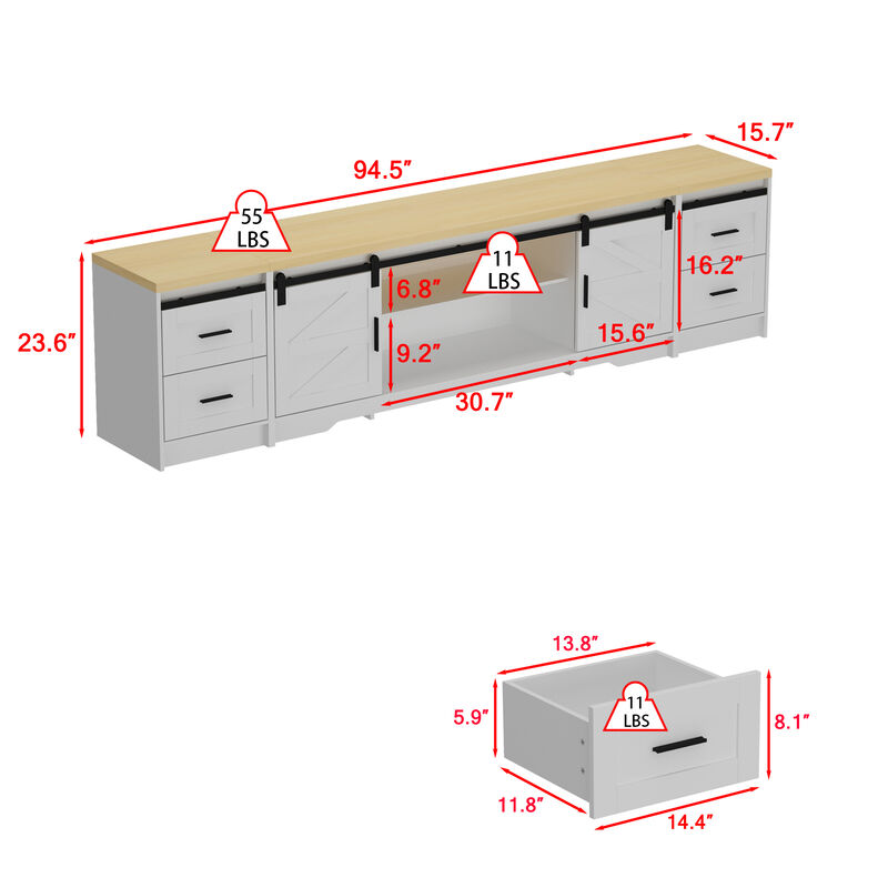 FUFU&GAGA Barn Door Style TV Cabinet with 4 Drawers and 2 Cabinets (94.5" W x 15.7" D x 23.6" H),White & Natural Wood