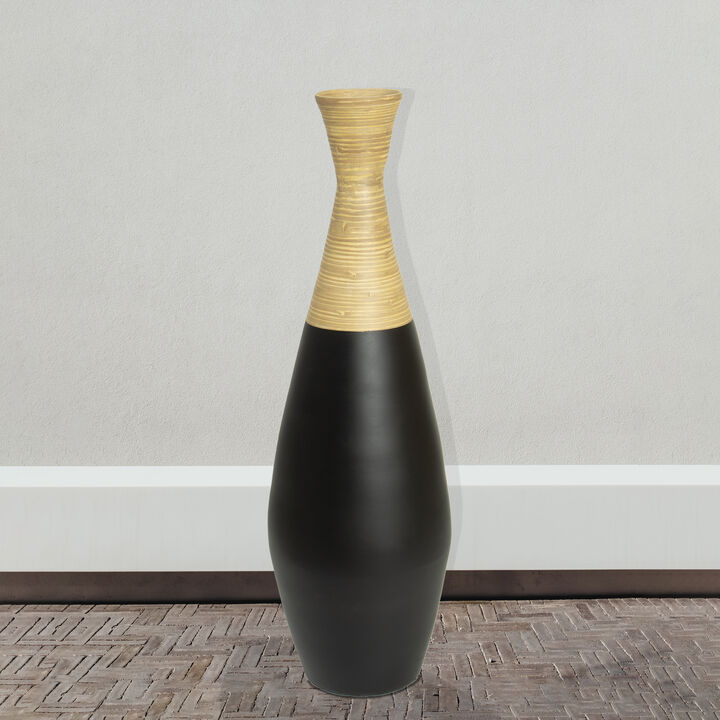 31.5 inch Spun Bamboo Tall Trumpet Floor Vase - Decorative Home Accent, Natural Bamboo, Indoor Decoration, Sustainable Materials, Tall Floral Display, Handmade Bamboo Vase, Floor Standing Vase, Black