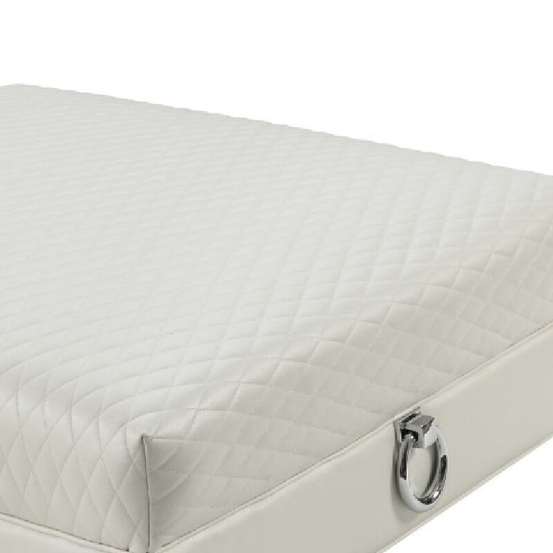 Contemporary Faux Leather & Metal Ottoman With Doorknocker Handles, Silver-Benzara