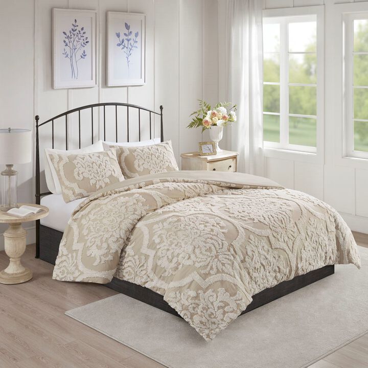 Gracie Mills Fitzpatrick 3 piece Tufted Cotton Chenille Damask Duvet Cover Set