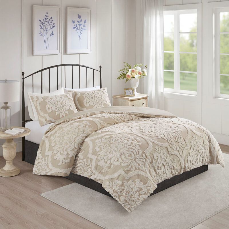 Gracie Mills Fitzpatrick 3 piece Tufted Cotton Chenille Damask Duvet Cover Set