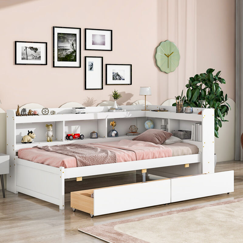 Bed with L-shaped Bookcases, Drawers