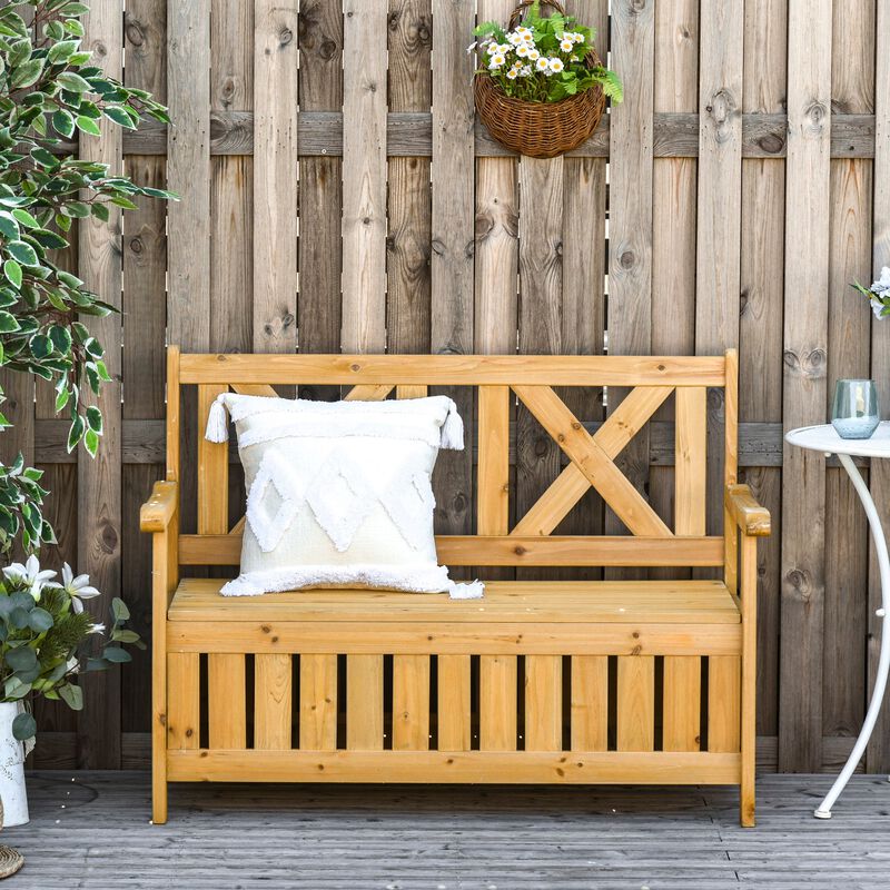 Yellow Outdoor Seating: Wooden Storage Bench with Louvered Panels