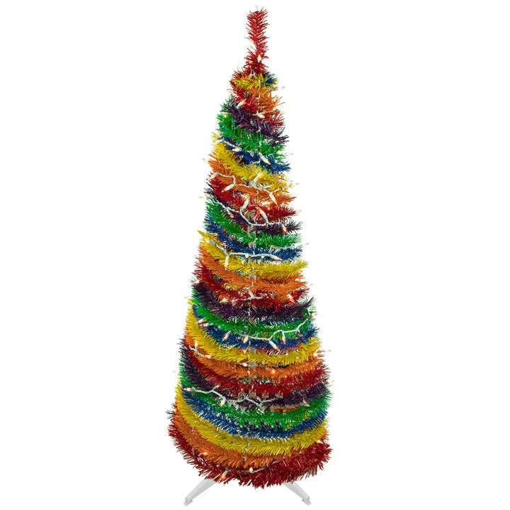 4' Pre-Lit Rainbow Tinsel Pop-Up Artificial Christmas Tree  Clear Lights