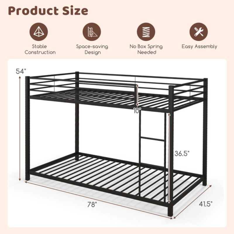 Hivvago Low Profile Twin Over Twin Metal Bunk Bed with Full-length Guardrails-Black