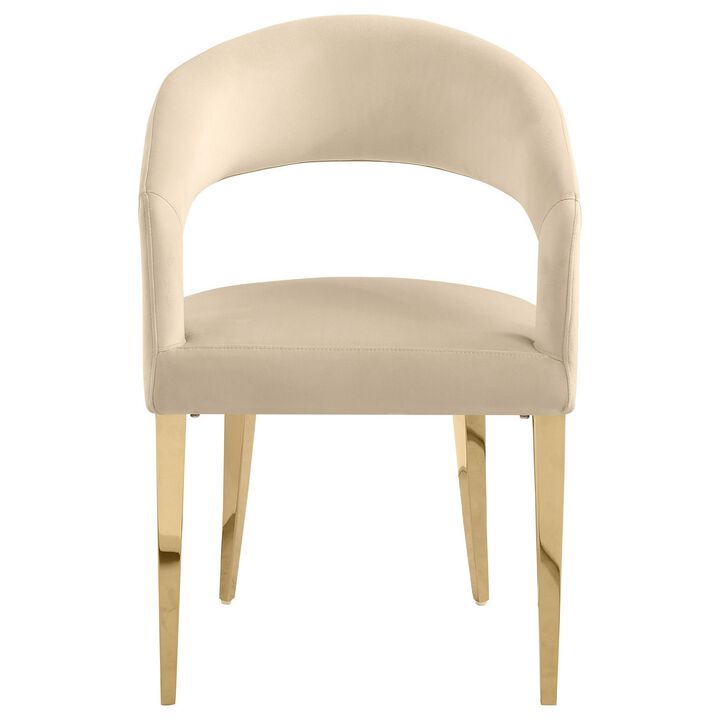 Liano Dining Chair Set of 2, Curved Open Back, Gold Legs, Beige Fabric - Benzara