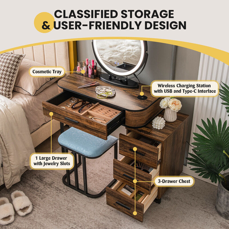 Vanity Table Set with 3-Color Lighted Mirror and Charging Station