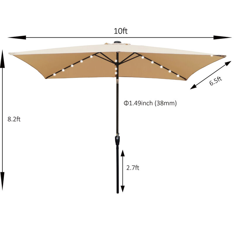 10 X 6.5FT Rectangular Patio Solar LED Lighted Outdoor Umbrellas With Crank And Push Button