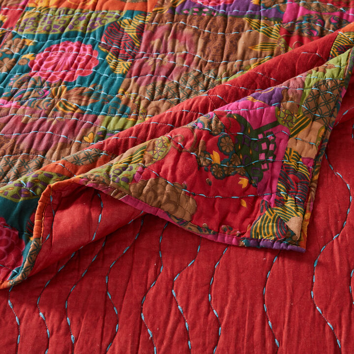 Lewi 3pc Queen Quilt Set, Floral, Kantha Style Dark Red Floral Cotton
