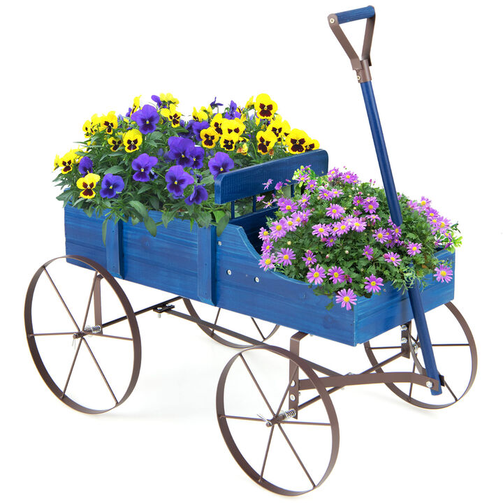 Wooden Wagon Plant Bed With Wheel for Garden Yard