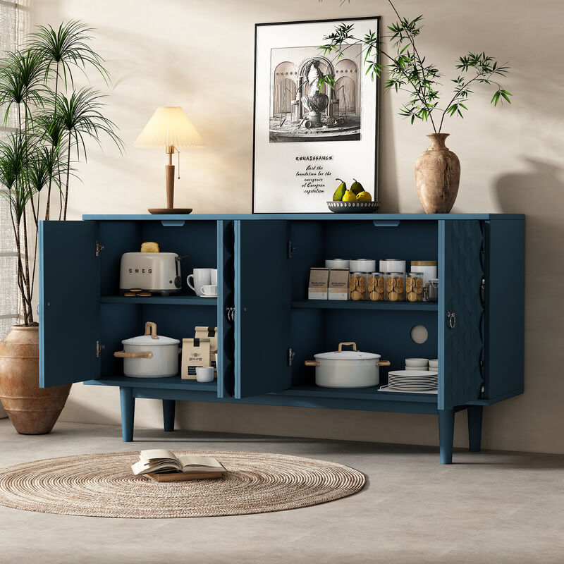 Clihome Modern 4-door Sideboard with Convex Pattern Doors and 2 Silver Handle for Living Room, Dining Room, Kitchen (Navy)