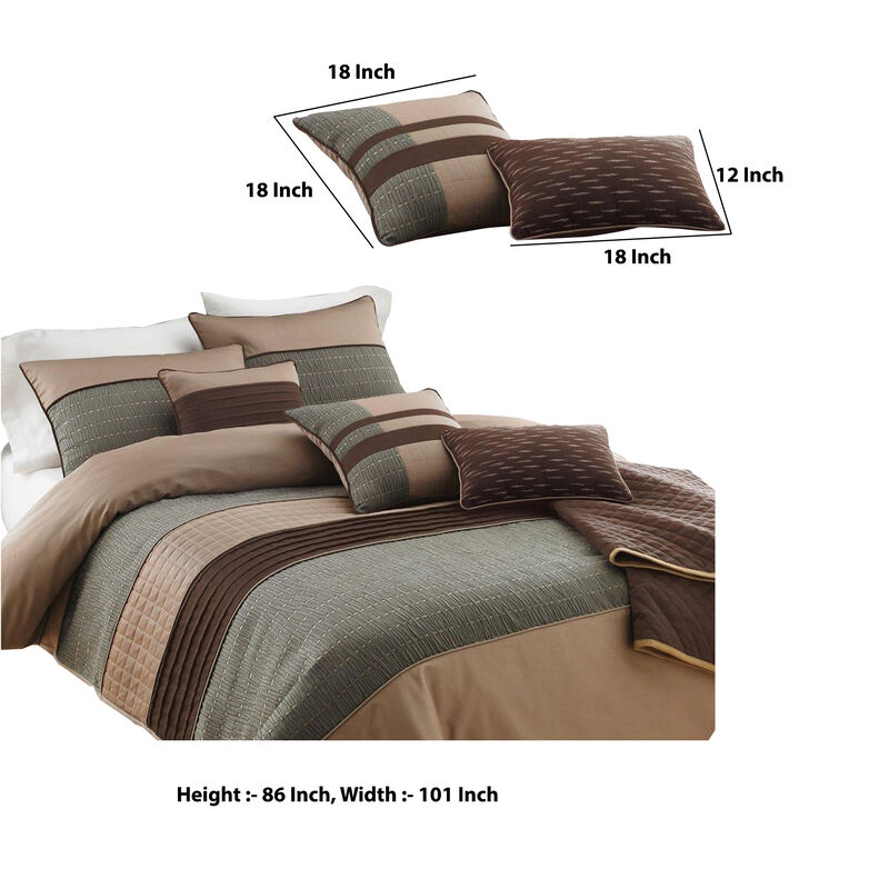7 Piece King Polyester Comforter Set with Pleats and Texture, Gray and Brown-Benzara