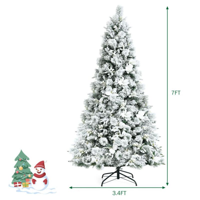 Hivvago 7 Feet Snow Flocked Christmas Tree with Poinsettia Flowers