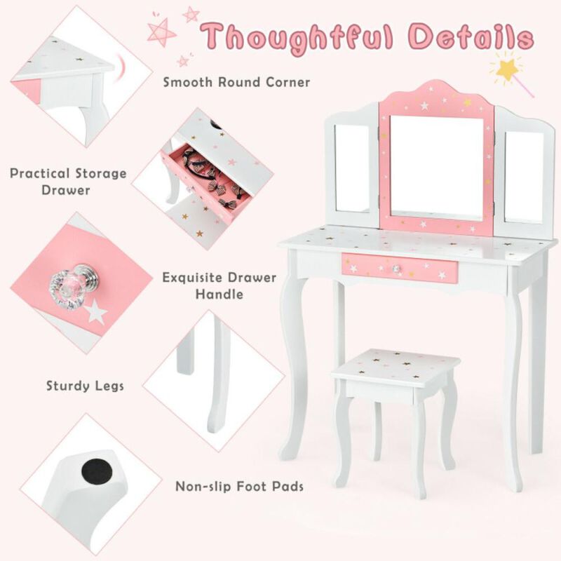 Hivvago Kids Princess Vanity Table and Stool Set with Tri-folding Mirror and Drawer