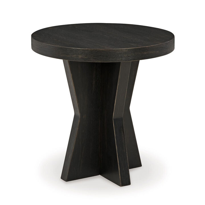 Dani Round Side End Table, Geometric Design, 24 Inch Black Rustic Oak - Benzara