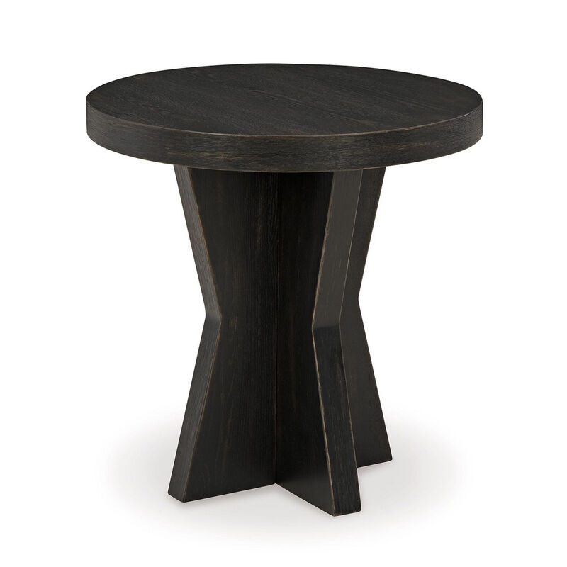 Dani Round Side End Table, Geometric Design, 24 Inch Black Rustic Oak - Benzara