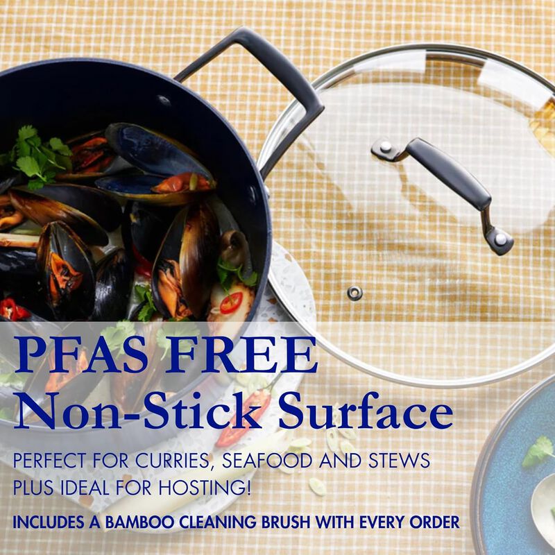 Blu. Cookware 11” Saute Pan with Lid, Non-Toxic, Non-Stick Ceramic, PFA/PFOA-Free Pan, Suitable for All Cooktops, Includes Cleaning Bamboo Brush