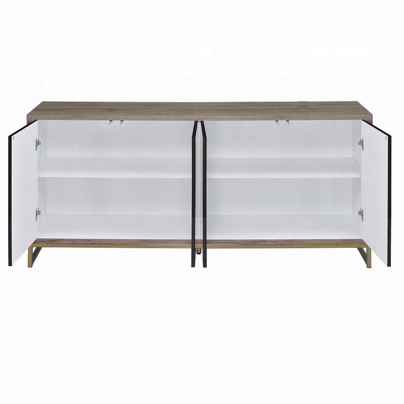 Loila Sideboard Console Cabinet, Black Marble Look, Brown Wood 65 Inch - Benzara