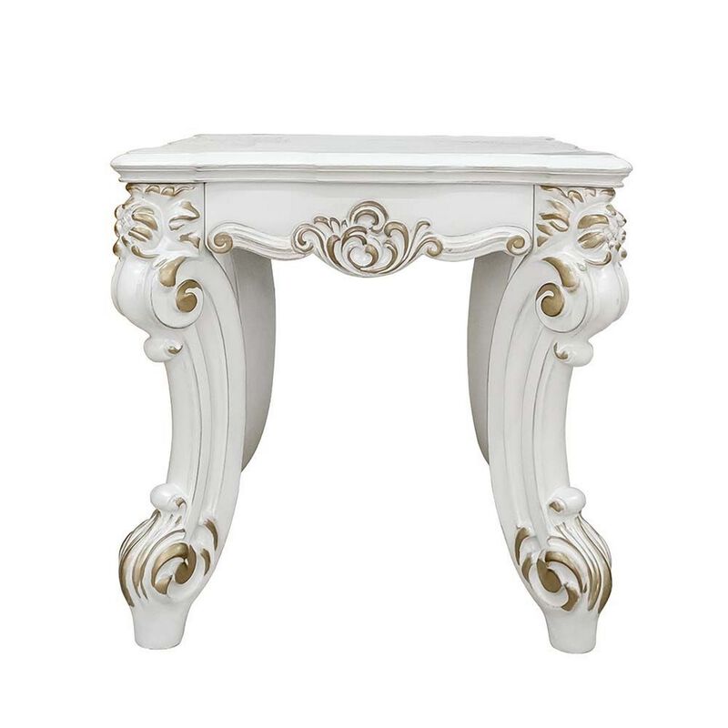 Jess 26 Inch Side End Table, Traditional Scrolled Legs, Brushed Gold, White - Benzara