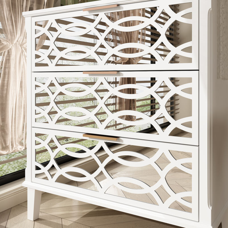 3-Mirrored Drawers White Wood Nightstands Bedside Table With Mirror Finish 11.5 in. D x 28.5 in. W x 26 in. H