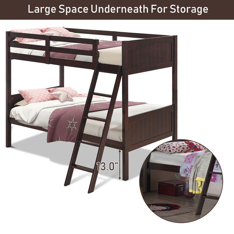 Wooden Twin Over Twin Bunk Bed Frames with Ladder and Safety Rail