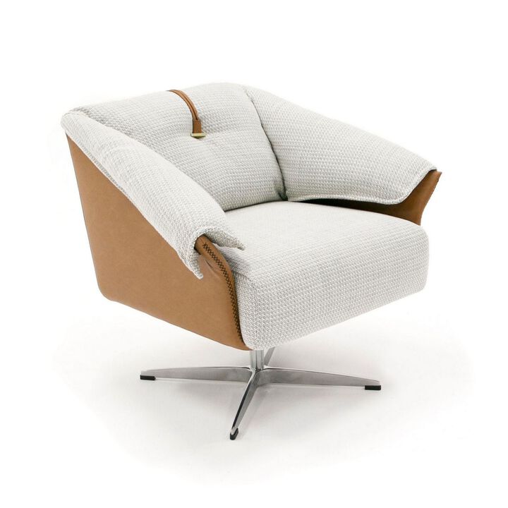 31 Inch Swivel Accent Chair, Padded Cushions, Faux Leather, Gray, Caramel - Benzara