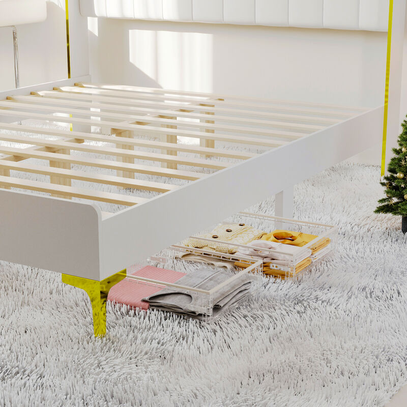 FUFU&GAGA Modern White and Gold Bed Frame with PU Leather Headboard, P2 MDF Construction, and Sturdy Golden Feet (81.1" L x 63" W x 44" H),White and Gold