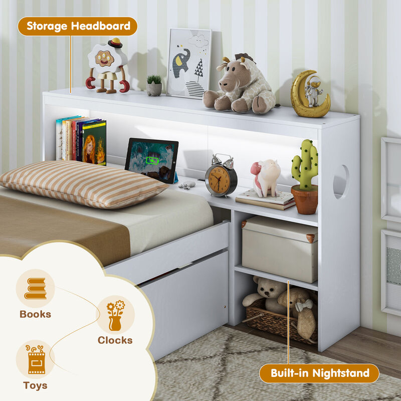 Bed Frame with LED Light and Bookcase Headboard