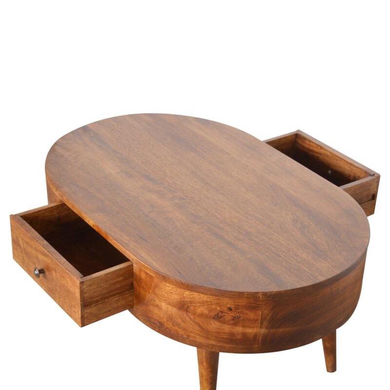 Chestnut Rounded Solid Wood 2 Drawer Coffee Table