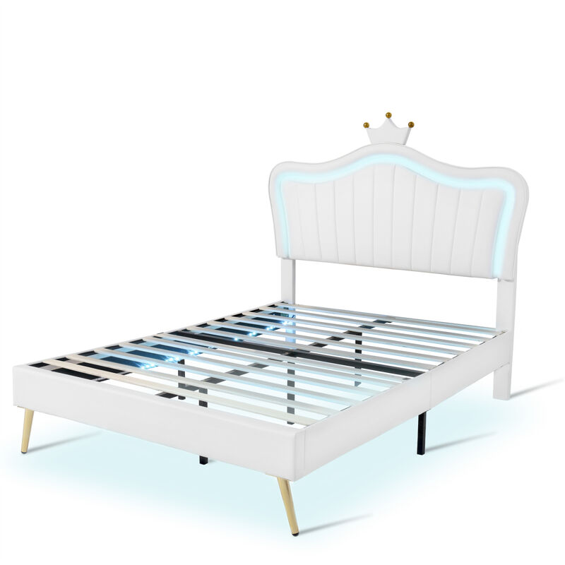 LED Light Upholstered Bed Frame & Crown Headboard
