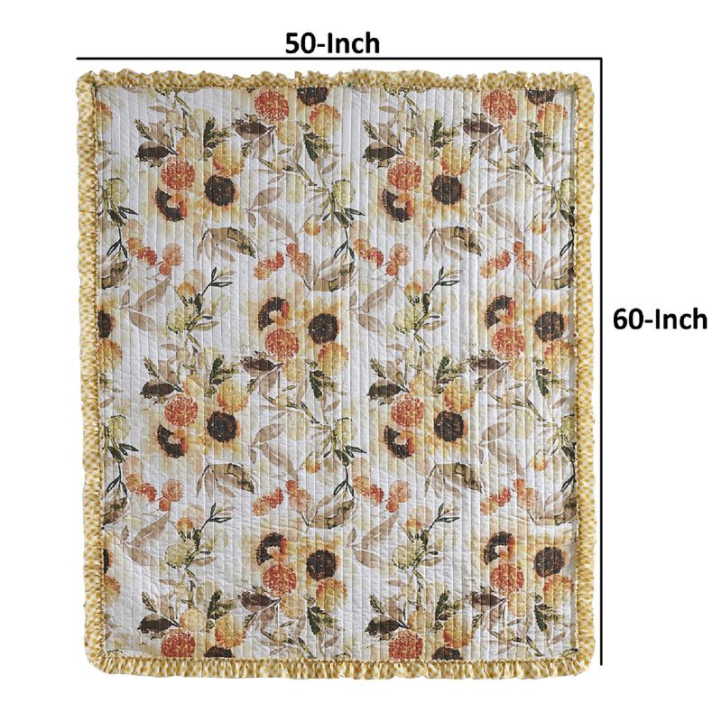 Kelsa 50 x 60 Channel Quilted Throw Blanket, Cotton Fill, Gold Sunflowers-Benzara