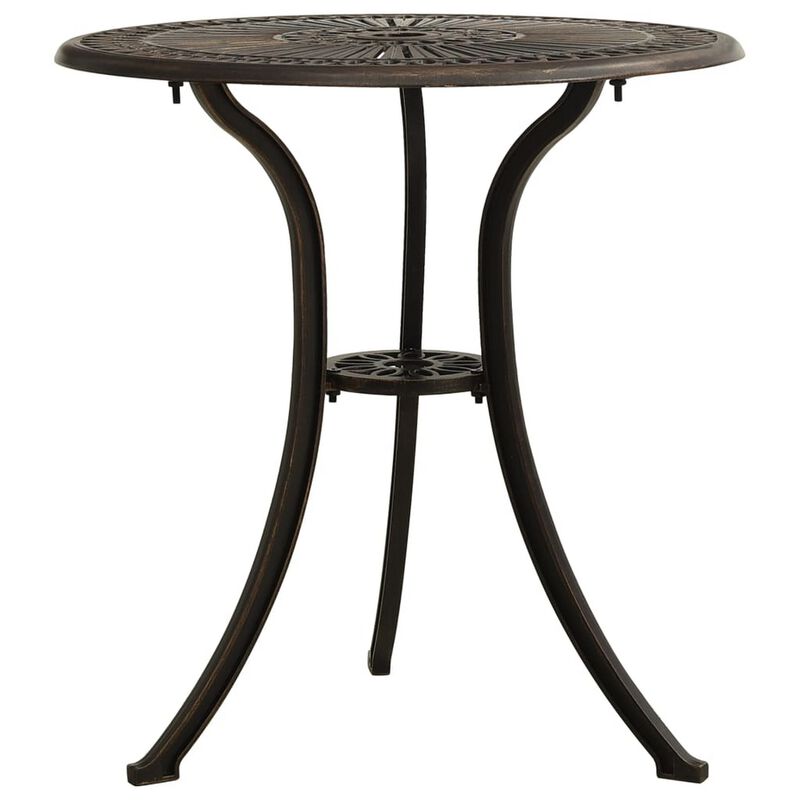 Outdoor Breakfast Table, Round 24 Inch w Umbrella Holder, Bronze Metal - Benzara