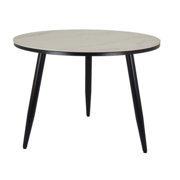 Tavi 24 Inch Plant Stand Side Table, Round White Marble Top, Black Metal - Benzara