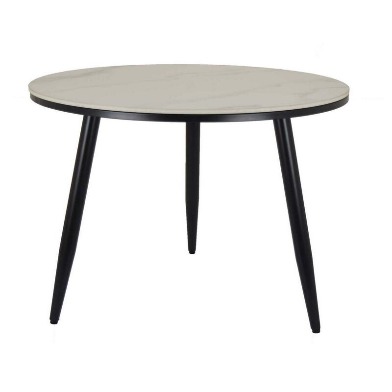 Tavi 24 Inch Plant Stand Side Table, Round White Marble Top, Black Metal - Benzara