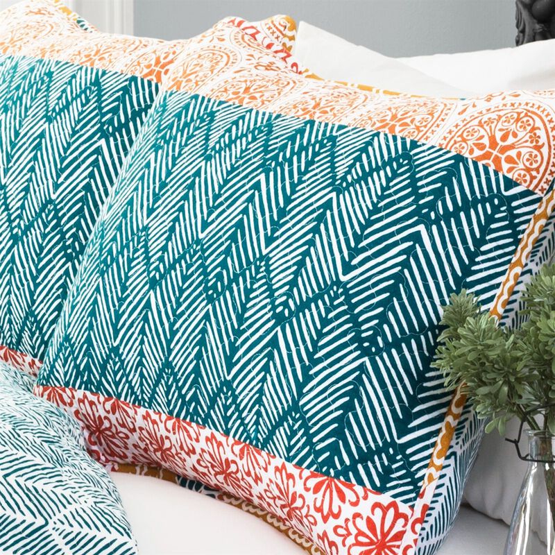 Hivvago Full/Queen size Cotton 3 Piece Reversible Teal Orange Bohemian Stripe Quilt Set