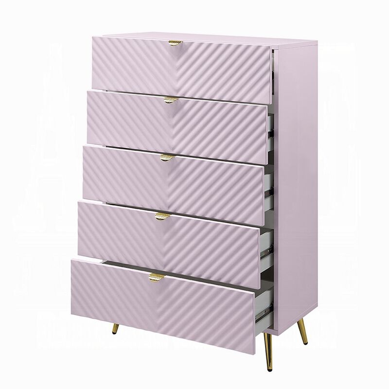 Tyra Tall Dresser Chest, 5 Drawers, Gold, Gloss Pink Chevron Pattern - Benzara