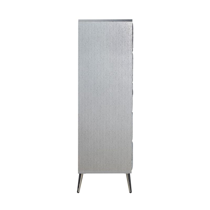 Benjara, Gray, Nickel Moko 51 Inch Tall Dresser, 5 Fabirc Upholstered Drawers