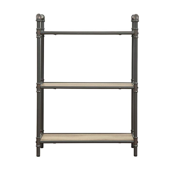 Three Tier Metal Bookshelf With Wooden Shelves, Oak Brown & Gray-Benzara