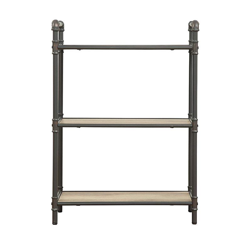 Three Tier Metal Bookshelf With Wooden Shelves, Oak Brown & Gray-Benzara
